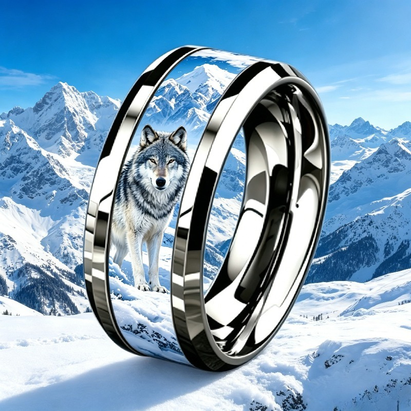 Snow Mountain Wolf Pattern Ring, Stainless Steel Design